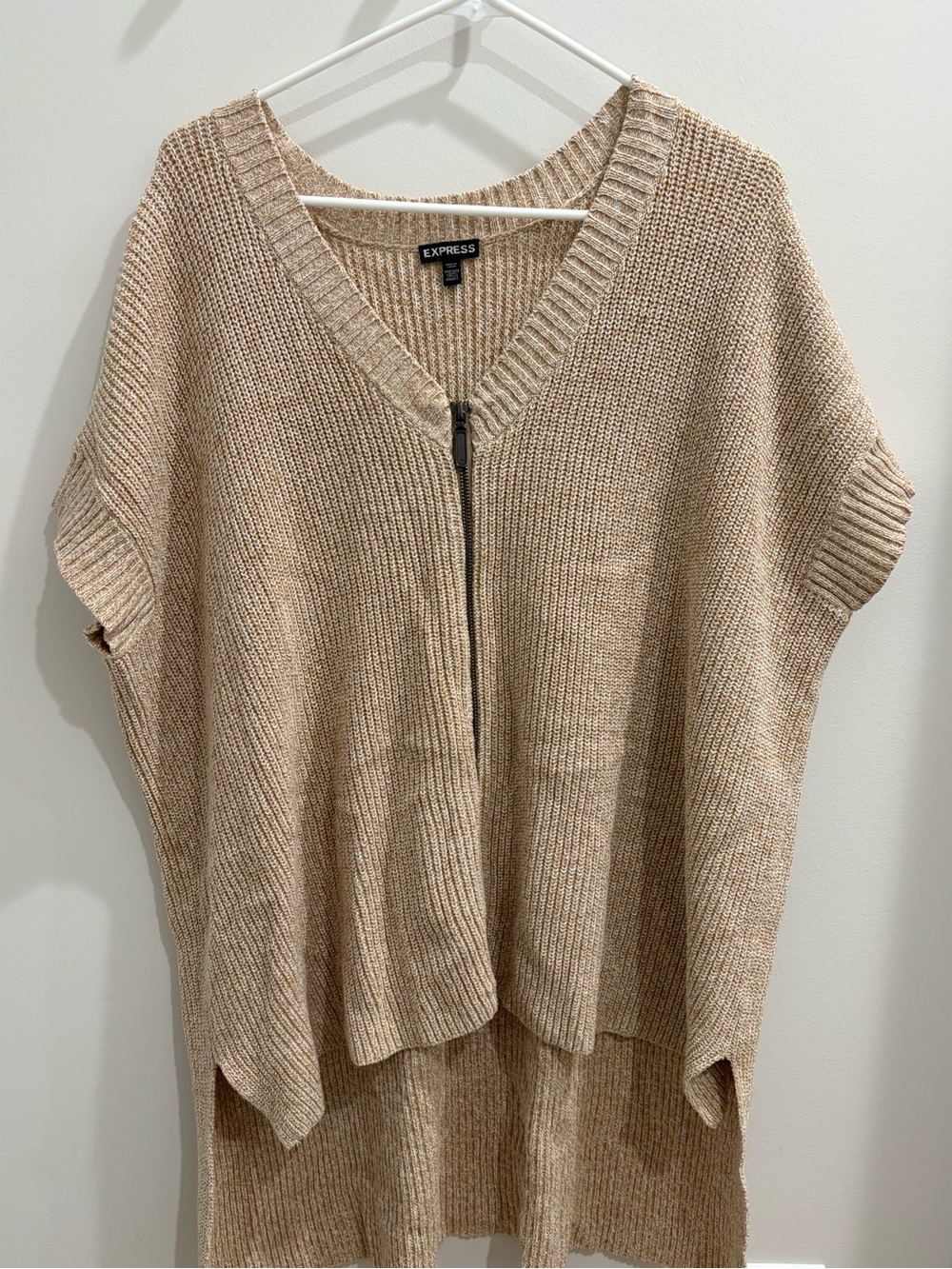Express Beige V-Neck Zip-Front Knit Sweater Poncho